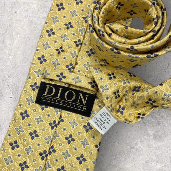 DION Gold/Blue Geometric Floral Silk LUXURY Tie HANDMADE CANADA - Picture 3 of 5
